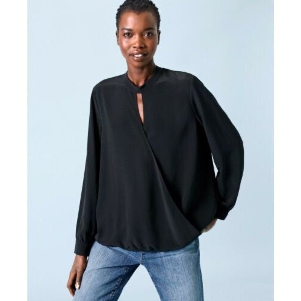 Eileen Fisher Black 100% Silk Faux Wrap Keyhole Neck Blouse Top Womens Large